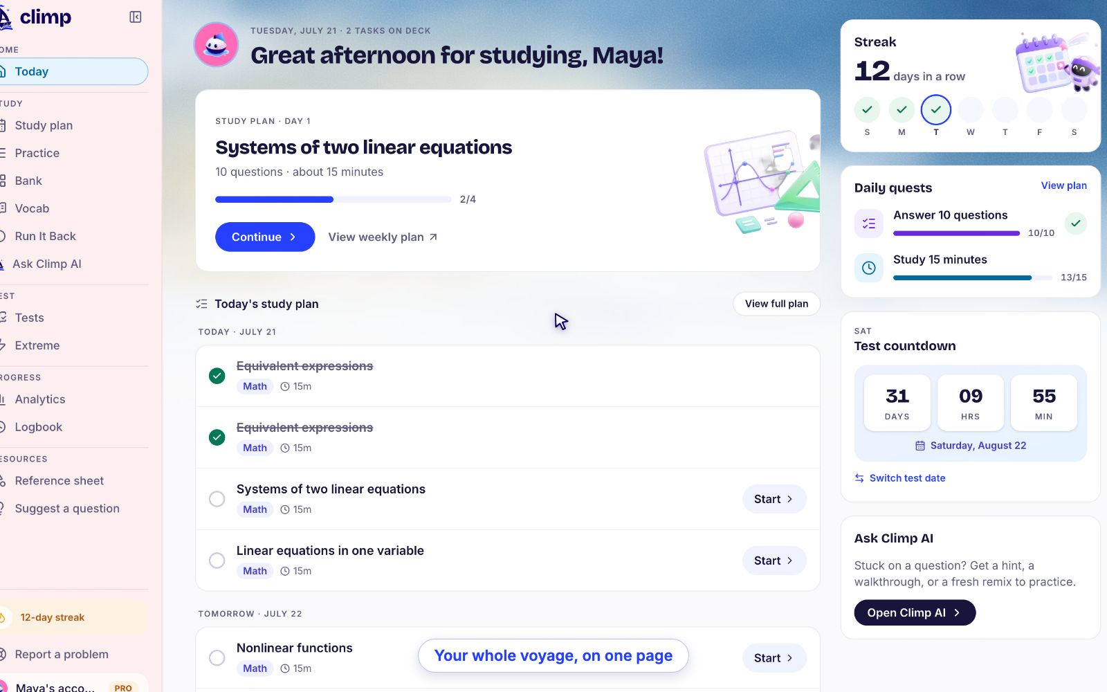 Product demo: the climp dashboard, the study plan plotting the week, and analytics tracking accuracy by topic